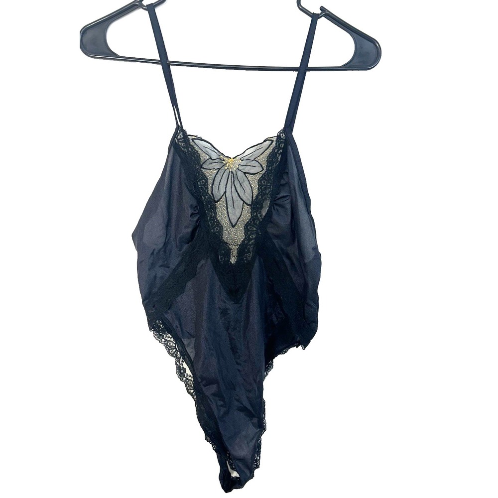 Joan Collins Vintage Black Lace Sheer Teddy Bodysuit Goth Dark Romantic Sz S